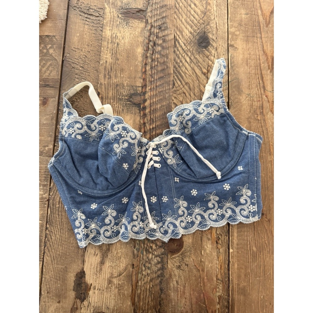 Vintage Victoria's Secret Denim Corset Bustier Top 34C Lace Up Y2K Embroider 90s